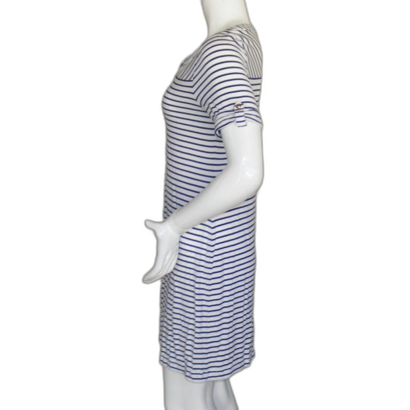 CHICO'S Mini Dress, 0/S, White, Navy Stripes, Short sleeve, Split neck, Jersey - Picture 9 of 12